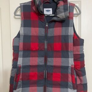 Old Navy Women's Red Plaid Puffer Vest Medium Fleece Lined